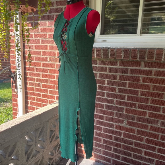 NWT Wild Fable Women's Sleeveless Lace-Up Green Ribbed Midi Dress w/ Slit - XS - Picture 5 of 9